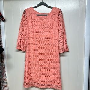 R & K Fashion Eyelet Lined Dress 3/4 Tie Sleeve Light Coral Women's Size 8